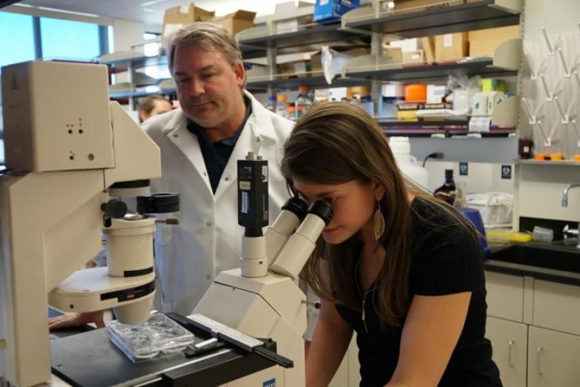 Dan Linseman works with Lilia Koza in his lab.